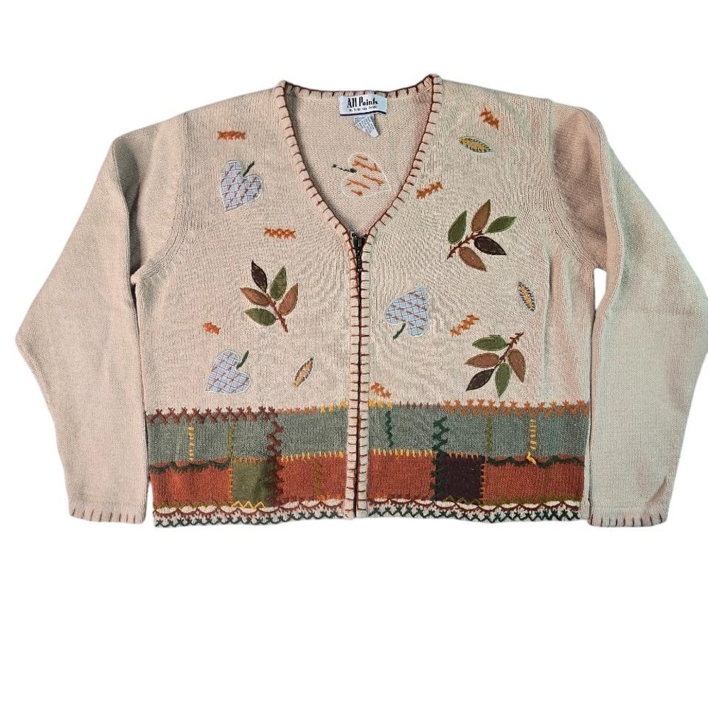 All Points‎ Adrienne Vittadini Zip Up Cardigan Womens L Leaf Patchwork Whimsical
